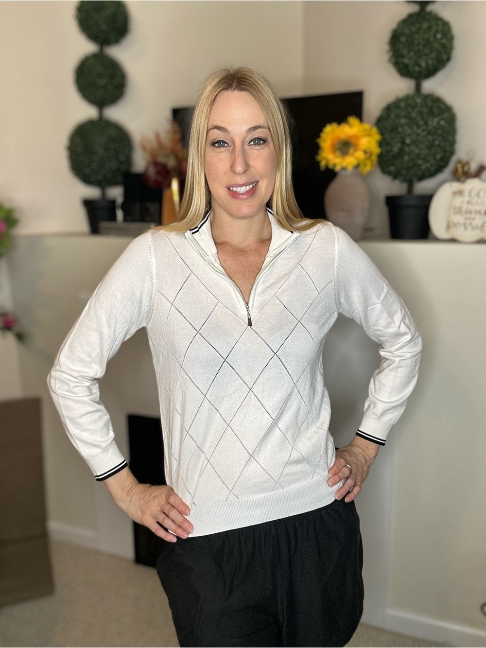 New Amazon White Argyle Quarter-Zip Turtleneck Sweater